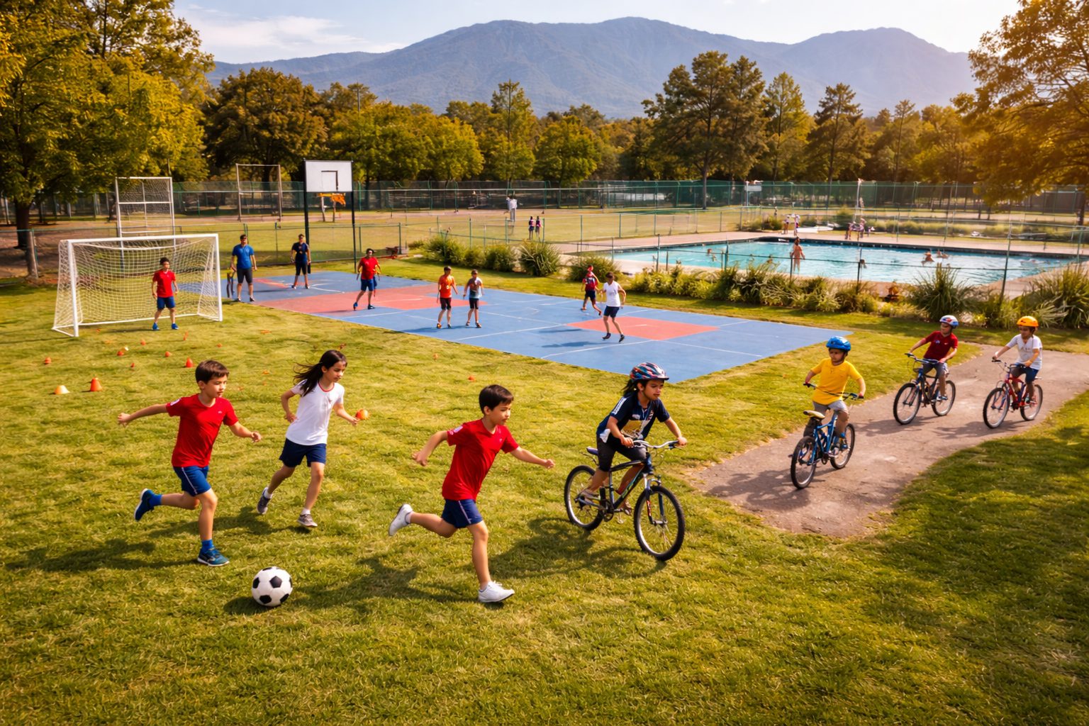Niños jugando fútbol y ciclismo en complejo deportivo