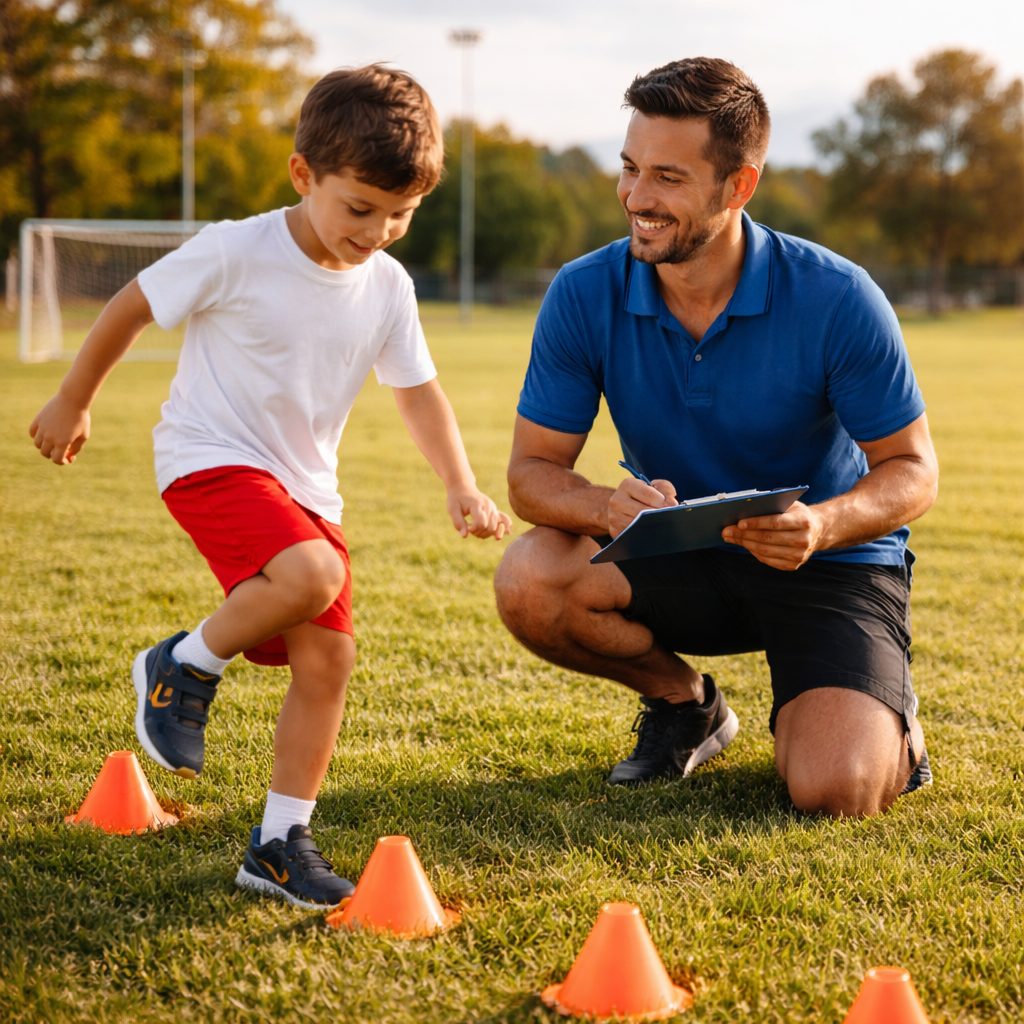 Coach evaluando habilidades deportivas de un niño