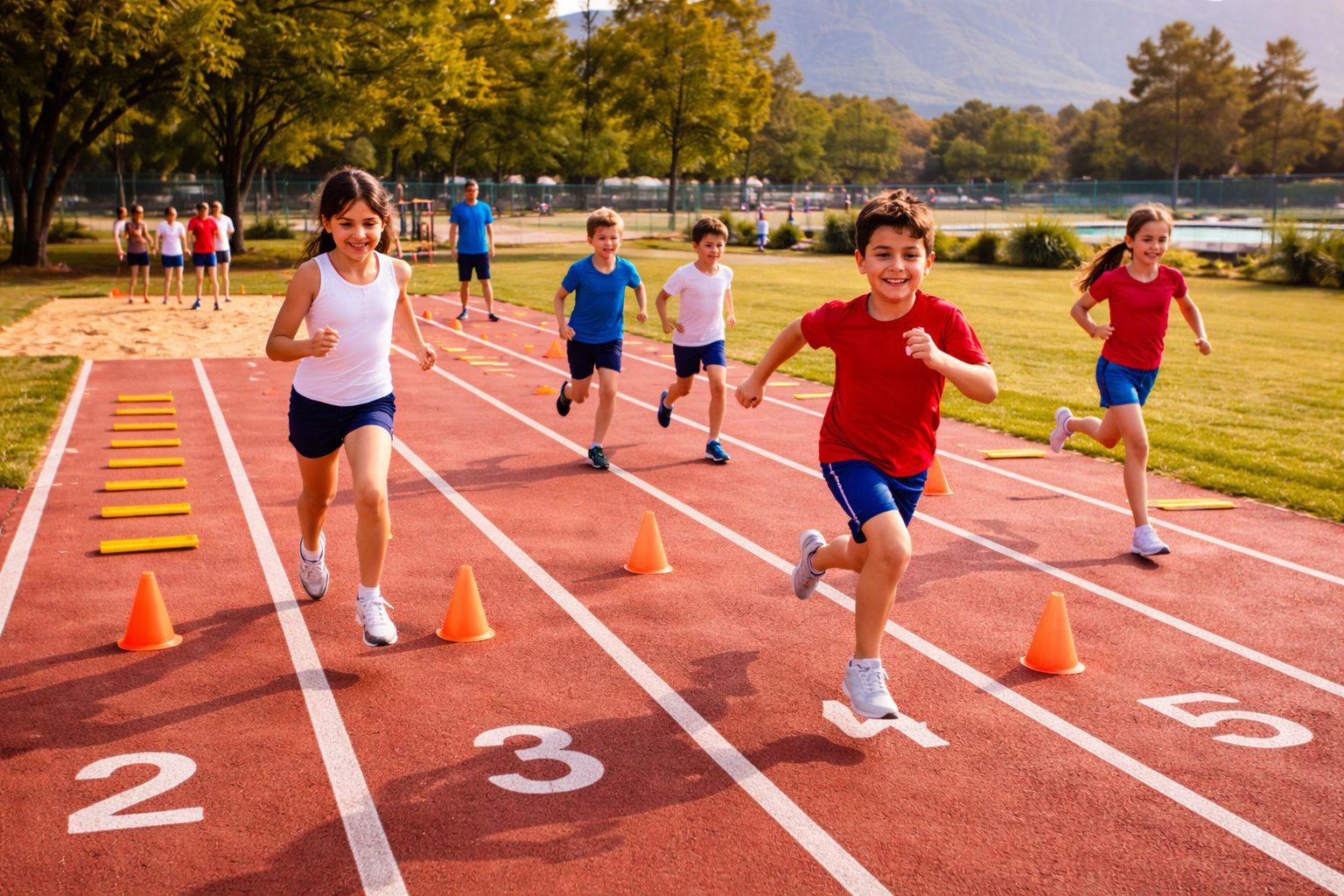 Niños corriendo en pista de atletismo