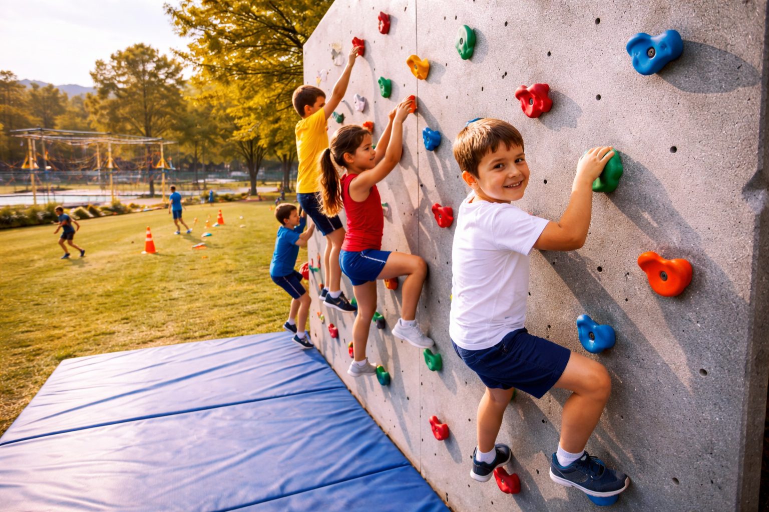 Niños escalando muro deportivo