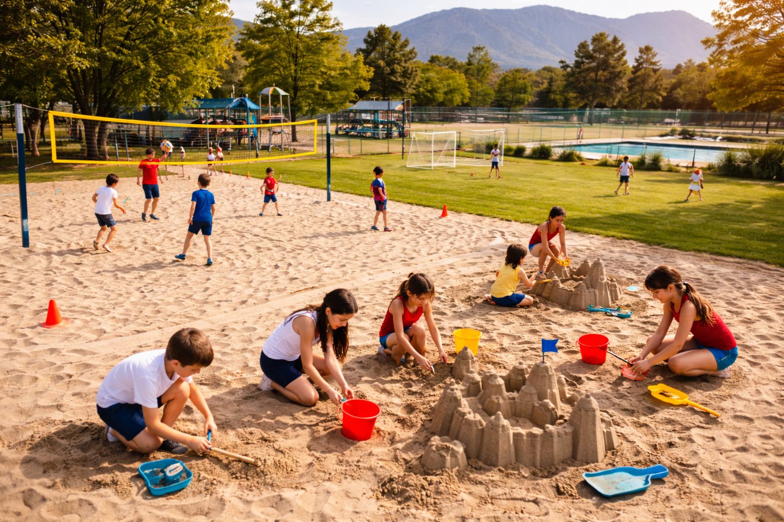 Niños jugando vóleibol en la playa