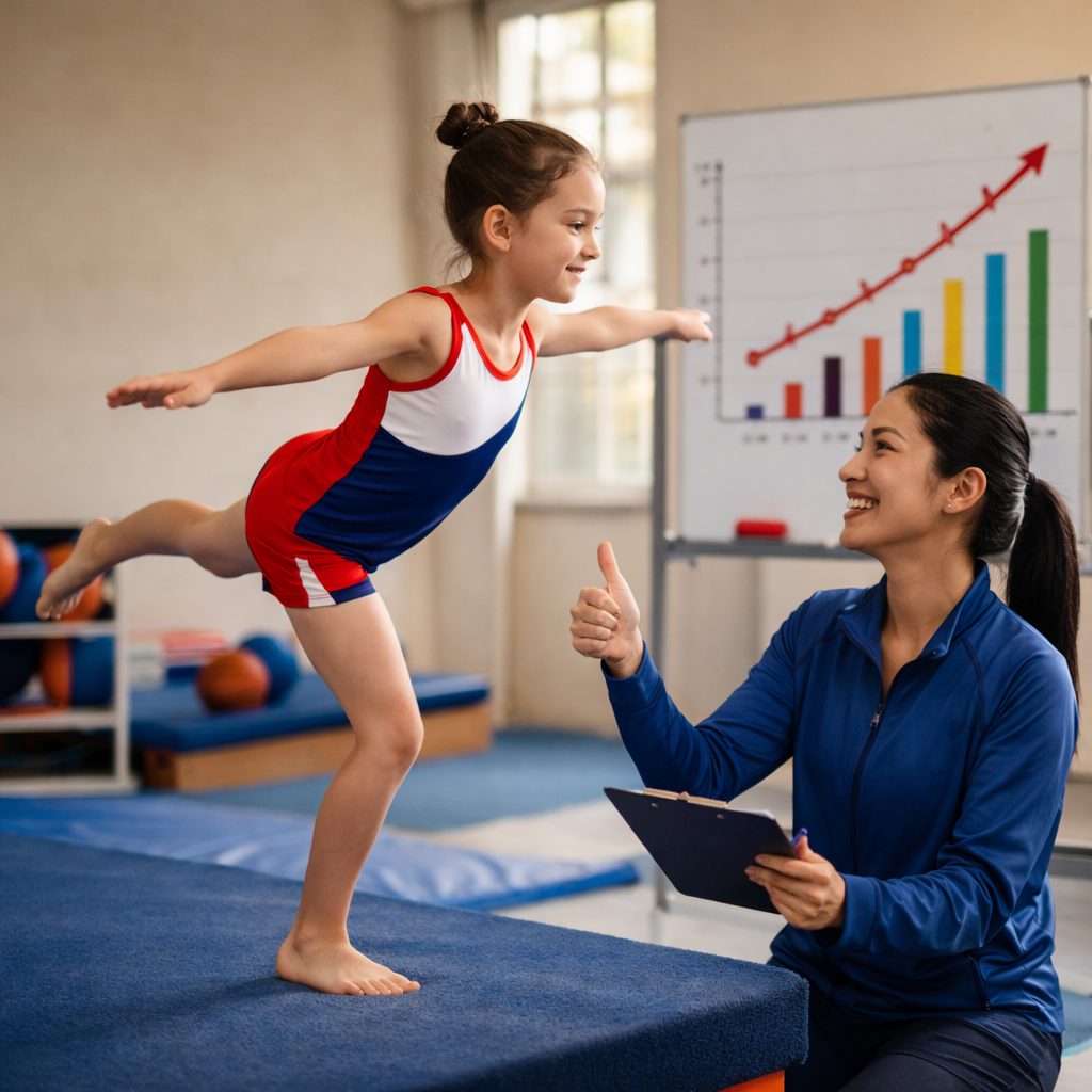Coach haciendo seguimiento deportivo a niña gimnasta